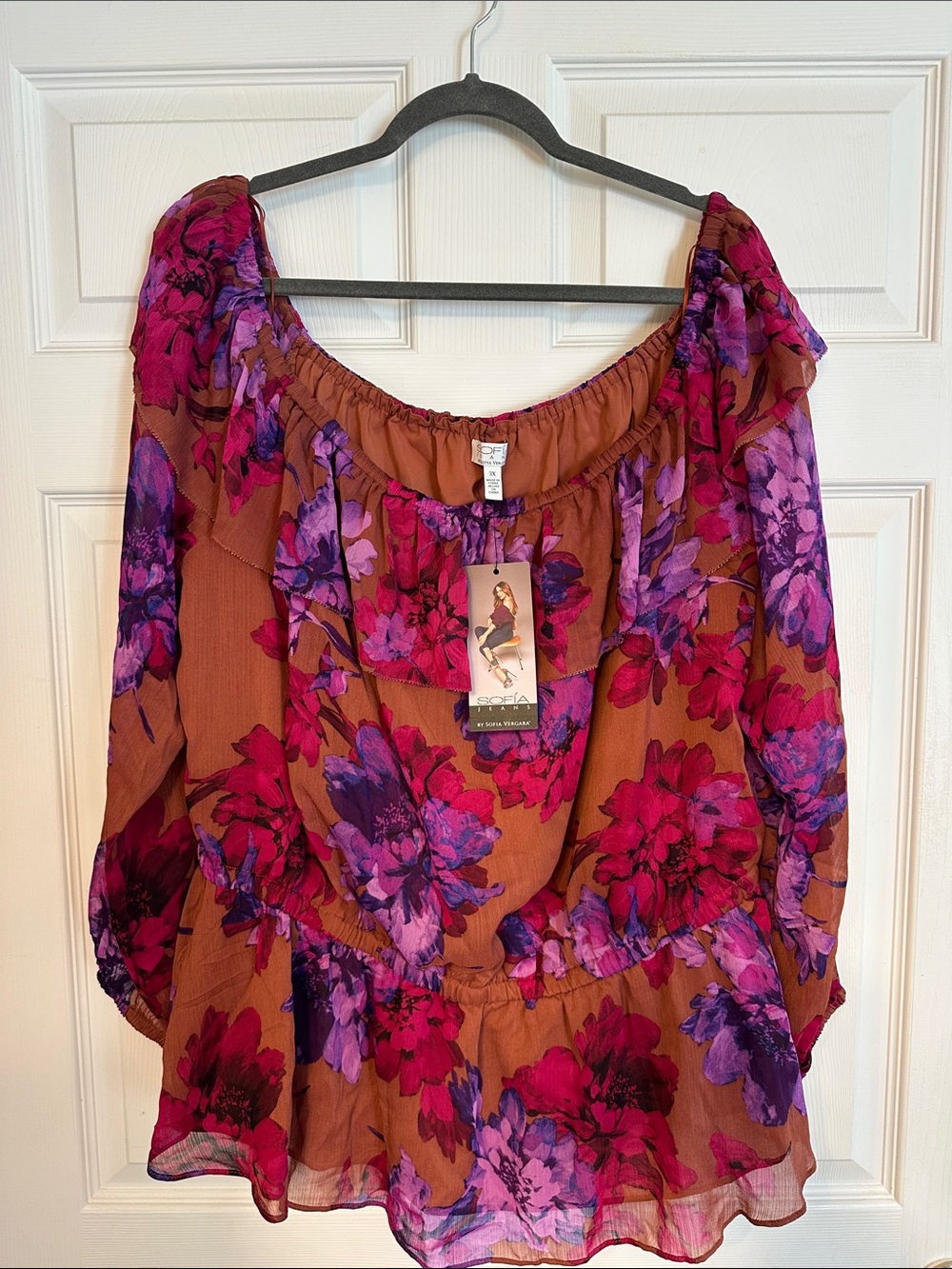 sofia by sofia vergara Rust Brown Peasant Blouse with Pink & Purple Floral Print